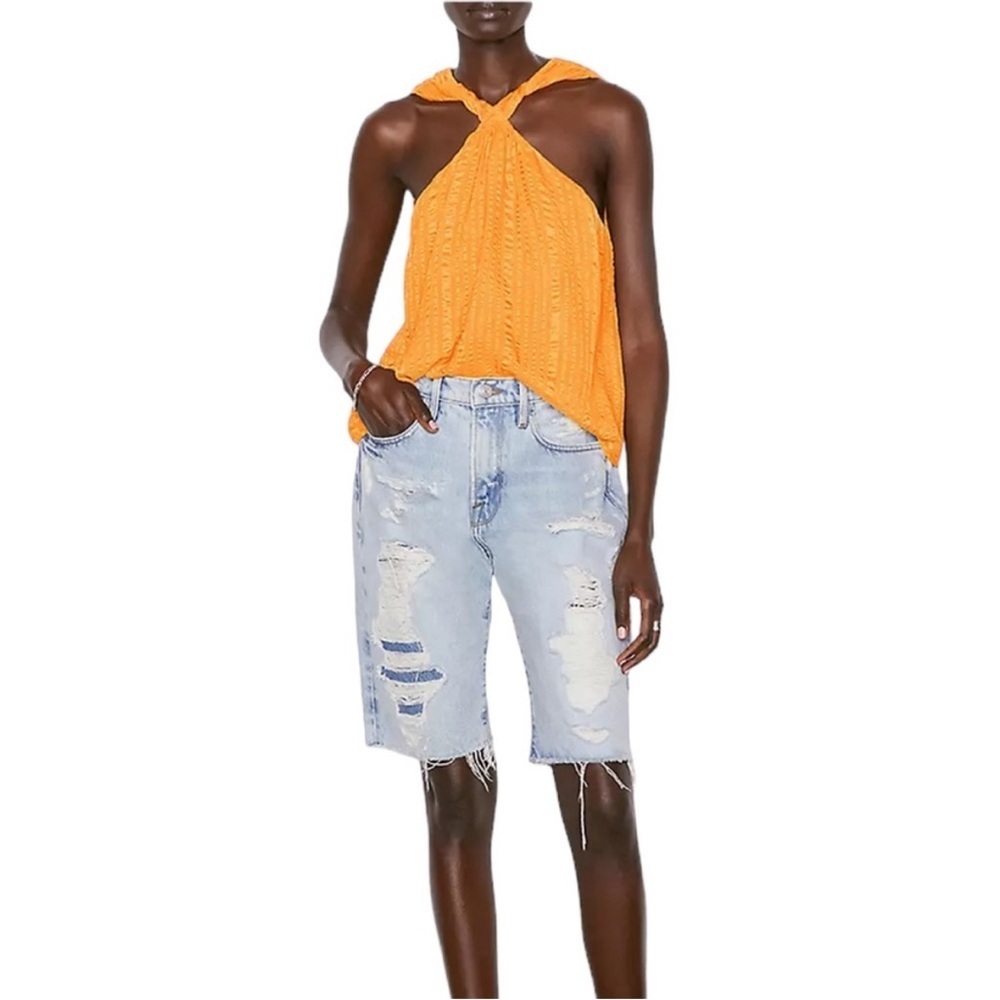FRAME Draped Twist Halter Silk Blouse
Textured Striped Kumquat Orange Size Small
